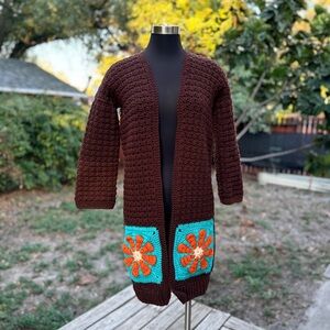 Handmade Hand Knit Crochet Floral Cardigan Sweater
